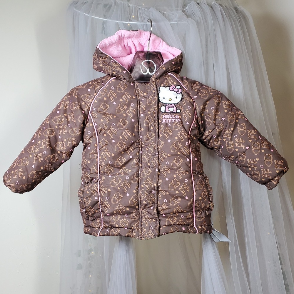 Hello Kitty Toddler Girls Sz. 3T‎ Pink/Brown Hooded Puffer Winter Coat Jacket